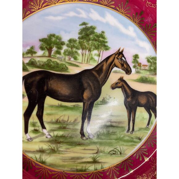 Vibrant Porcelain Plate Set of 2 Horse Cabinet Plates Decor Blue Fuschia Gold - Picture 5 of 12